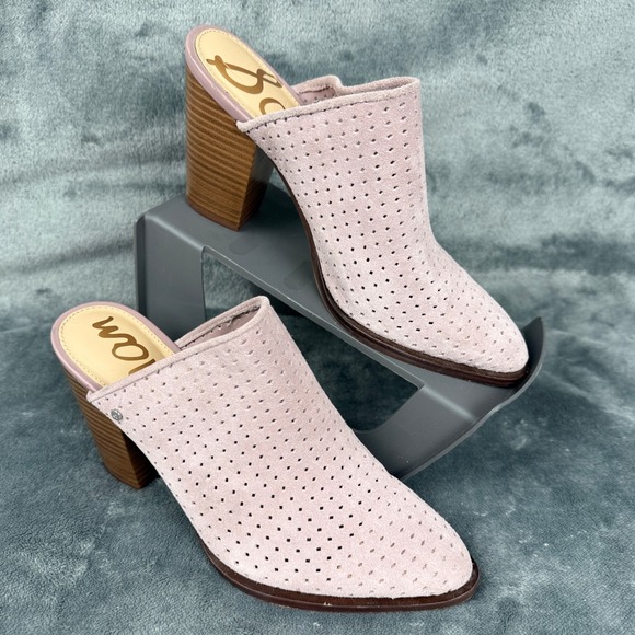 Sam Edelman Women's Mules Heels Perforated Suede Leather Heeled Slides - Picture 1 of 12
